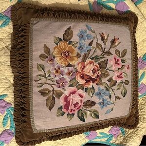 Large vintage needlepoint decoration pillow, 22”x22”